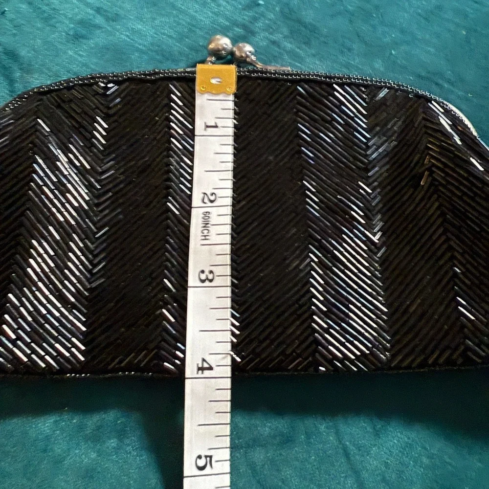 The Limited Beaded Evening Clutch‎ Purse Black Glass Bead Silver Chain Y2K 9
